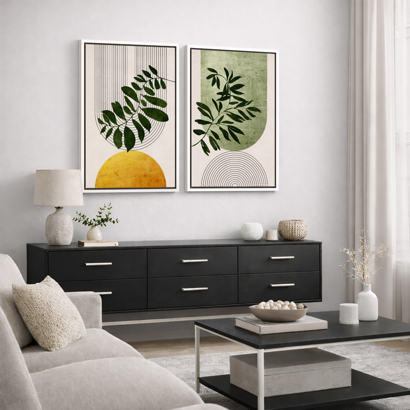 Boho de style Mid-Century moderne, "Bold Bright Yellow & Green Leaves, H 36 po x l 48 po, Cadre flottant blanc