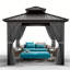 Outdoor Hardtop Gazebo, Galvanized Iron Double Vent Roof with Curtains & Netting, Aluminum Frame Pavilion for Patio, Lawn, Deck, Garden-1111857268-1111857272