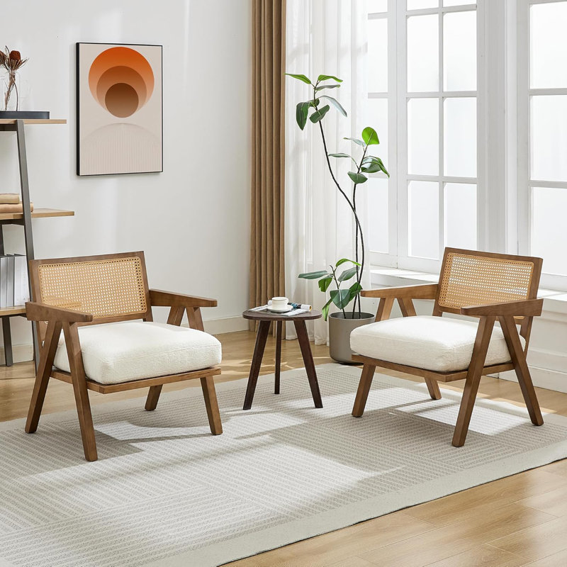 Mid Century Modern Accent Chair, Comfy Living Room Chairs with Sturdy Wood Legs, Rattan Backrest, Beige Polyester