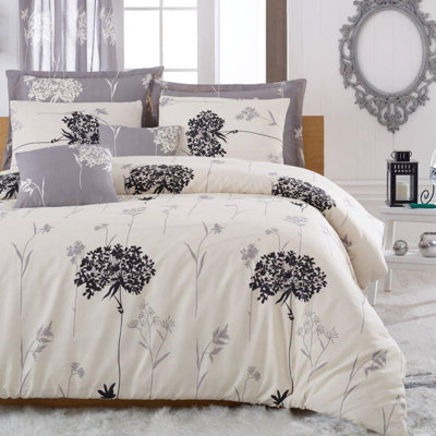 Ensemble de housse de courtepointe XXL, 65% coton / 35% polyester, gris, beige et noir | Housse de couette 61 x 87, taie d'oreiller 31,5 x 31,5 | Lavable à la machine, 120 fils, fermeture à boutons pour couette et fermeture à enveloppe pour taie d'oreiller