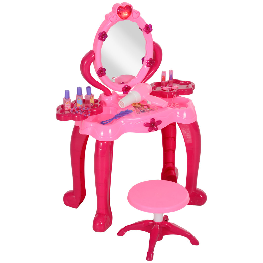 Zoomie Kids Kids Vanity Set with Mirror and Stool, Light and Sound, 15 Accessories Zoomie Kids