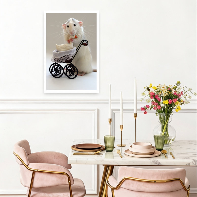 Cute Rat With Stroller Playful Whimsical Contemporary Duck Animal Wall Art Print by Ellen van Deelen - 1 Piece Wrapped Canvas Wall Art