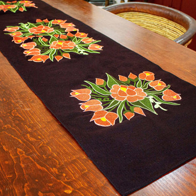 Red Barrel Studio® Handmade Orange Chiapas Flowers Cotton Table Runner