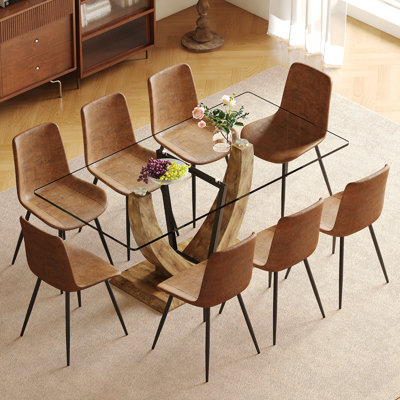  71" Glass Dining Table Set for 8, Tempered Glass Table Top with U-Shaped Legs and Fabric Dining Chairs,Ideal for Kitchens, Living Rooms