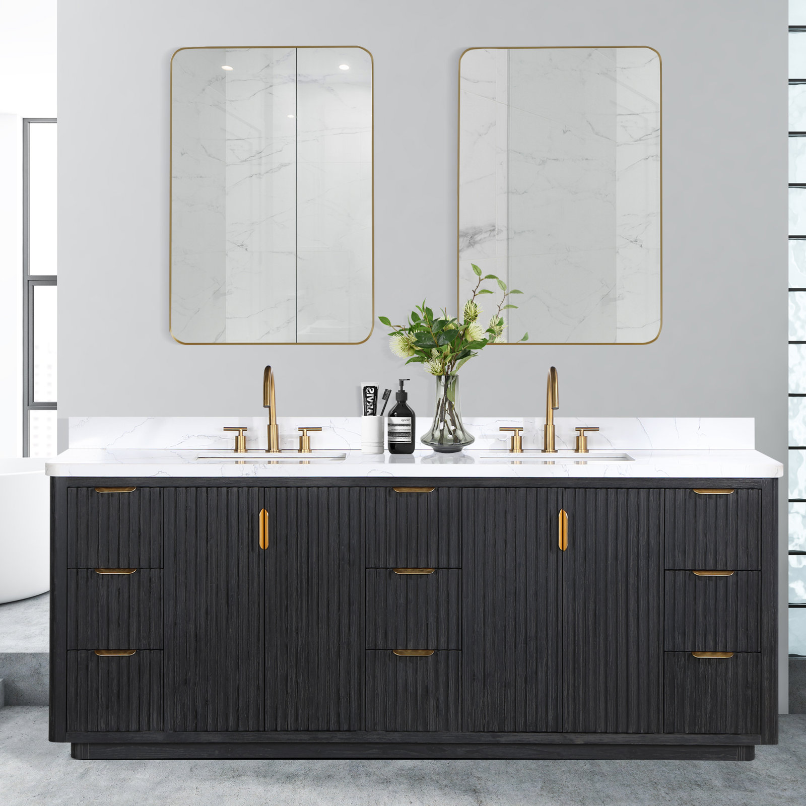 Adela 84'' Double Bathroom Vanity, Black, White, Gold