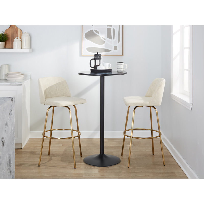Thea 30" Fixed-Height Bar Stools with Gold Metal Legs & Round Footrest, Gold, Cream Fabric, Bar Stool (30" Seat Height)