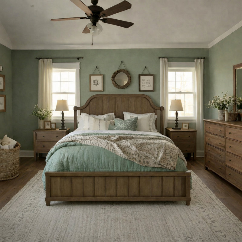Lit à panneau en planches avec tête de lit arquée et placage d'hickory, Almond, Queen