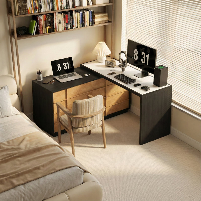 Bureau de coiffeuse extensible avec armoire de rangement en bois, plateau en cuir et 6 tiroirs