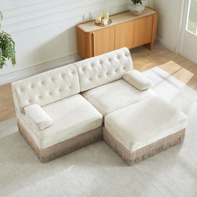 Tissu en velours confortable en L respirant, jupe à pampilles style Chesterfield, combinaison libre, accoudoirs carrés légèrement courbés, base en bois de qualité supérieure, facile à assembler, pour le salon, la chambre à coucher