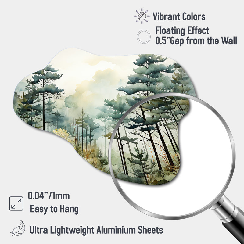 Tonalisme «Whispering Pines Pointillism I», impression de sculpture murale en métal forêt nuageuse, H 27 po x l 35 po