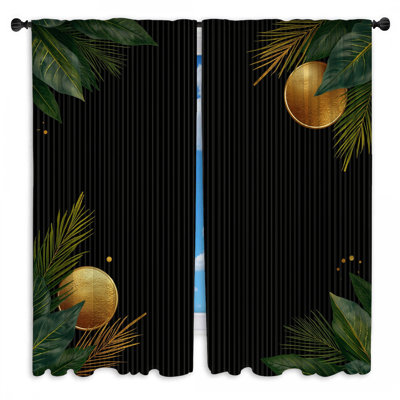 Green Leaves Gold Circles Window Curtains Tropical Sheer & Room Darkening - 2 Panels