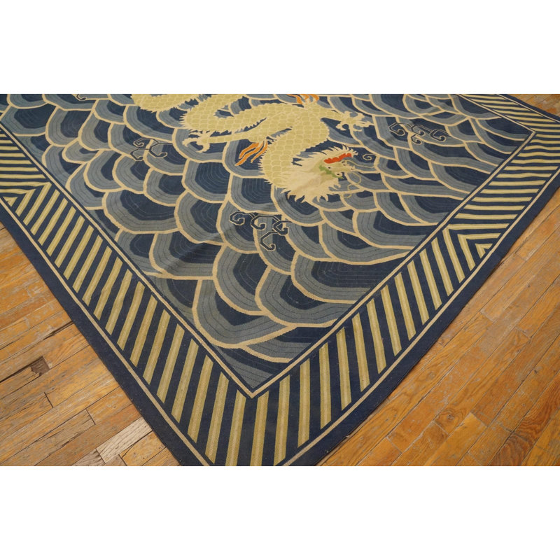 Antique English Pontremoli Needlepoint Rug With a Unique Dragon in the Centre 8'8" x 10'0" Area Rug