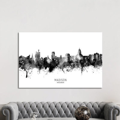 Madison Ii Wisconsin Skyline Name Bw by Michael Tompsett - Print on Canvas