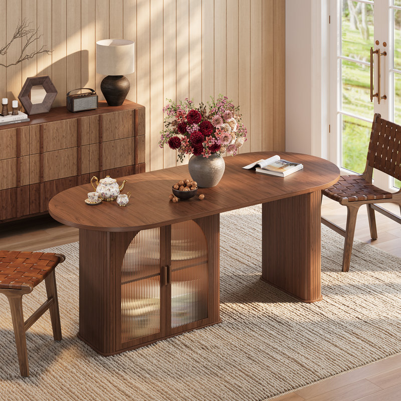 Table de salle à manger 70,8 "ovale pour 6-8, table de salle à manger moderne avec armoire de rangement à 2 niveaux et lumières DEL pour la cuisine, le salon, le bureau