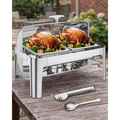 9QT Stainless Steel Roll Top Chafing Dish Set, Visible Glass Lid, Buffet Food Warmer with 2 Half Size Pans & Fuel Holders, Heat-Resistant Catering Warmer for Weddings, Parties & Events