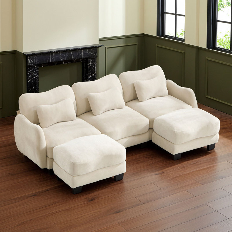 Canapé de coin avec deux poufs amovibles et trois coussins lombaires, Beige