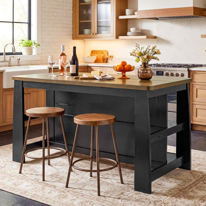 Îlot de cuisine de 140 cm avec étagères de rangement ouvertes, table de bar haute noire et brune avec sièges pour cuisine et salle à manger