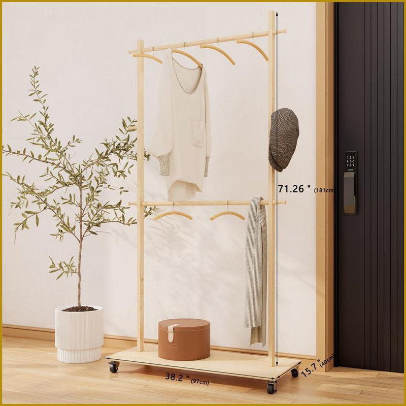 Portemanteau avec 6 cintres en bois - Bois massif, peu encombrant | Roues, tablette réglable | Vieux pin, bois