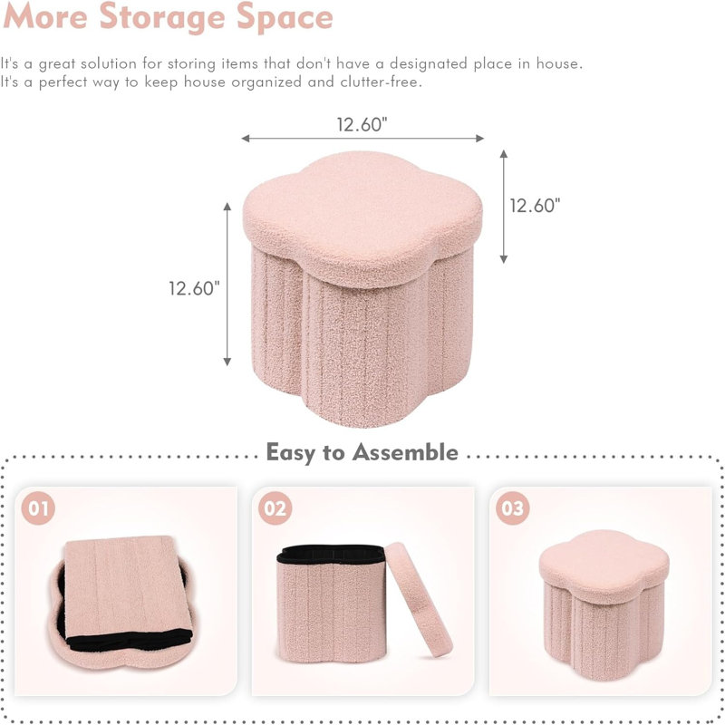 Storage Ottoman Cube, Flowers Shaped Ottomans Faux Teddy Fur, Pink 12.6"X12.6"X12.6"
