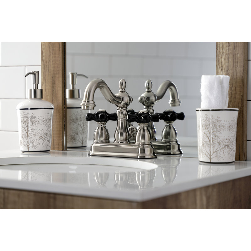 Kingston Brass Duchess Two-Handle 3-Hole Deck Mount 4" Centerset Bathroom Faucet with Plastic Pop-Up, Brushed Nickel
