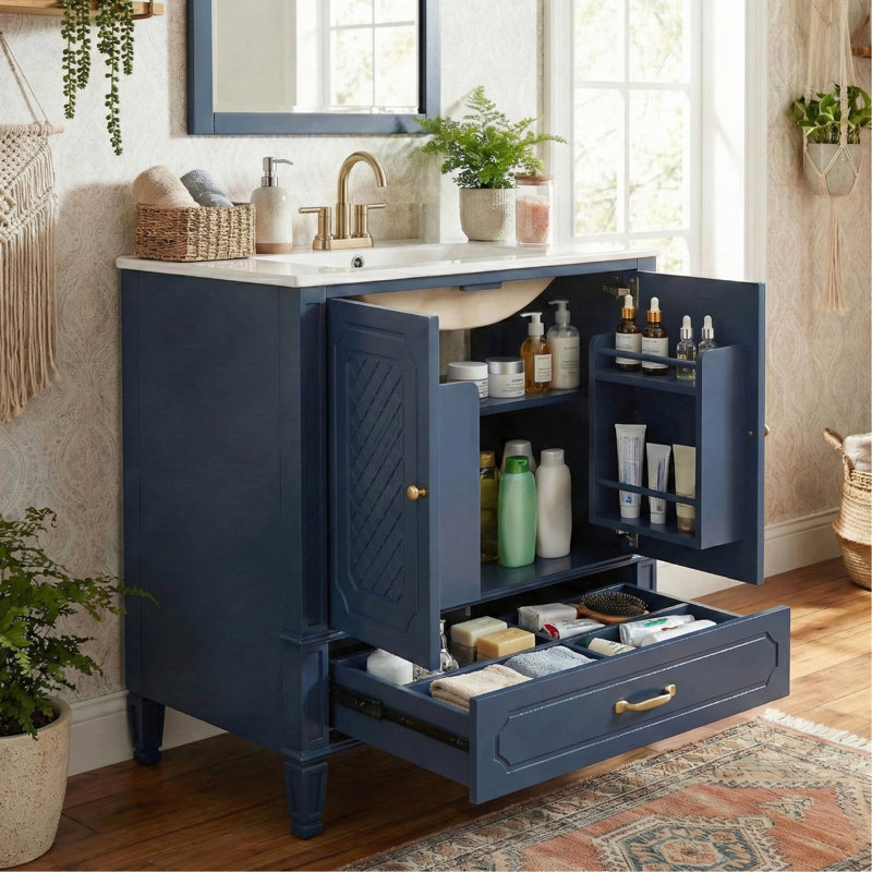 Meuble-lavabo 30 po avec lavabo style rétro, espace de rangement multifonctionnel, tablette de porte, porte à fermeture en douceur, bleu