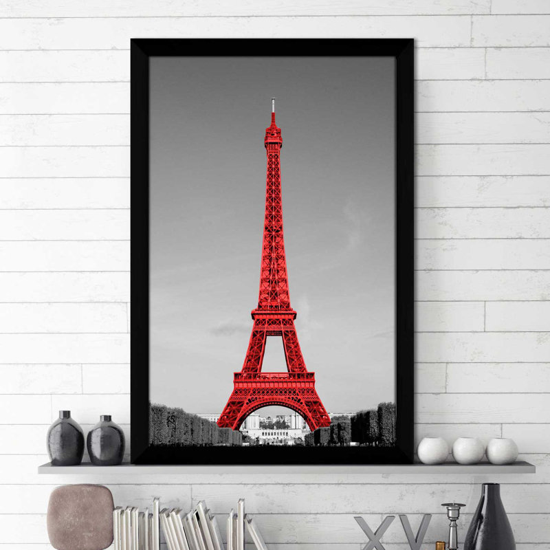 " Eiffel Tower in Red " Print, 39.5" H x 27.5" W x 0.75" D, Black Framed