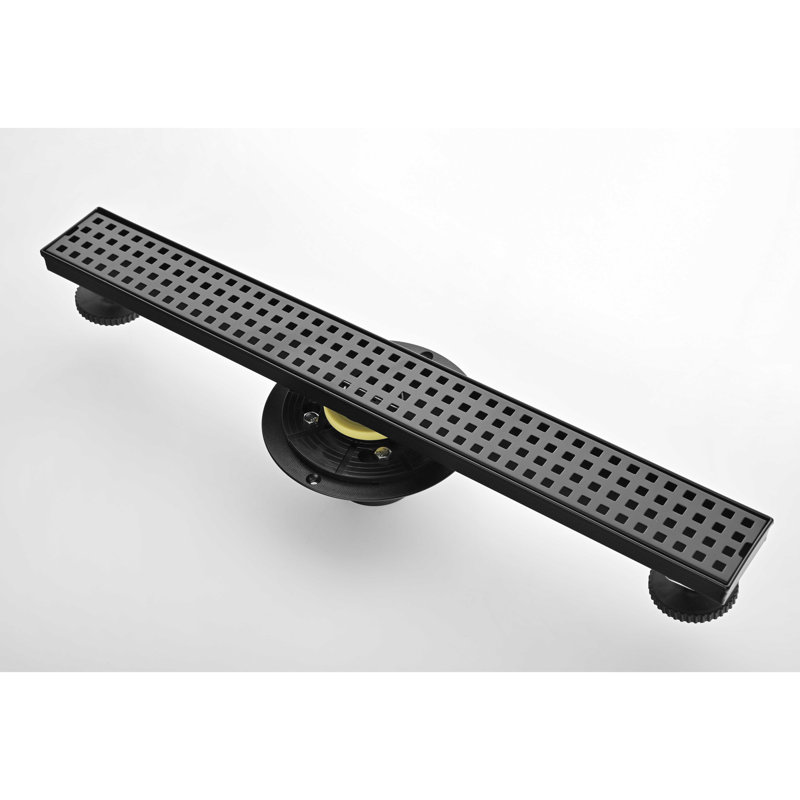 24 Inches Linear Shower Drain With Removable Quadrato Pattern Grate, 304 Stainless Shower Drain Included Hair Strainer And Leveling Feet, Flange