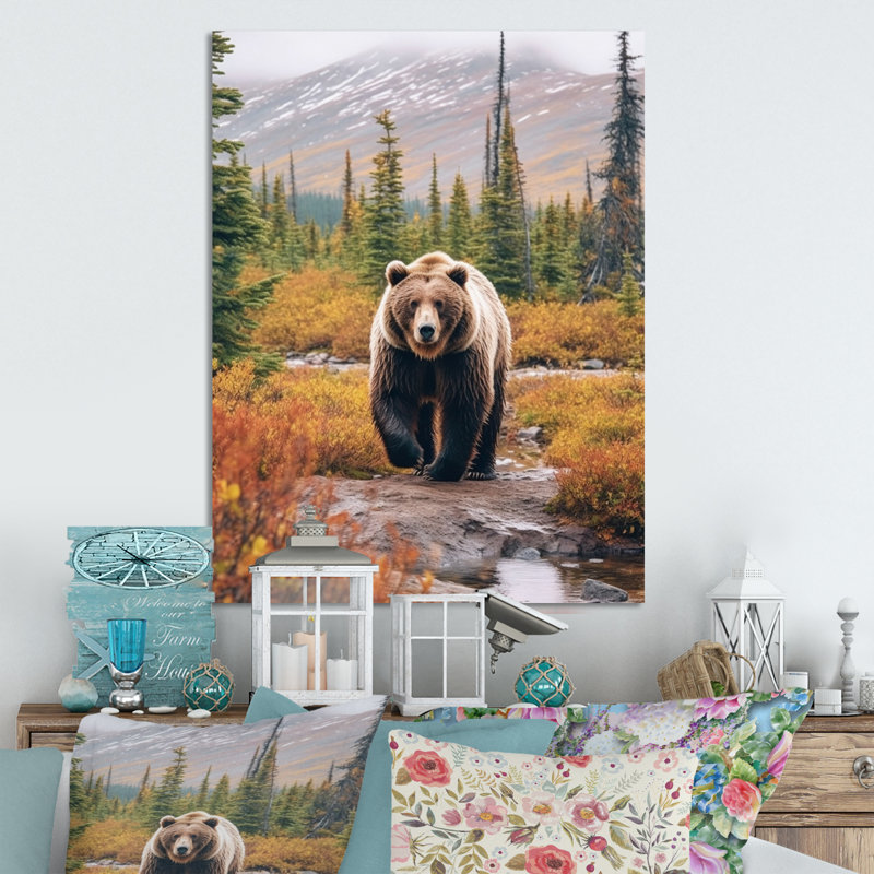 Grizzly en Alaska, paysage II - animaux, art mural en métal, H 20 po x l 12 po