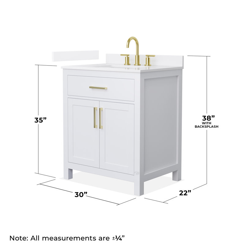Beckett 30" Freestanding Single Bathroom Vanity with Quartz Top, White, Brushed Gold, White Quartz
