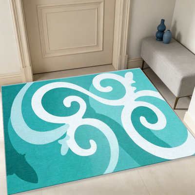 Tapis bleu sarcelle tourbillonnant pour le salon, doux et confortable, adapté à toutes les saisons, facile à entretenir, tapis de sol intérieur lavable à la machine, sous la table de ferme convenant à la chambre à coucher, à la salle à manger, au bureau, au patio, au balcon, à la décoration intérieure