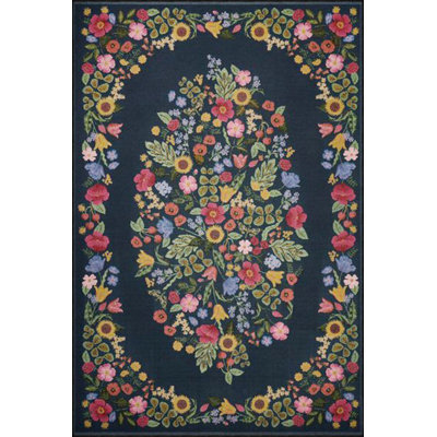 Modern Black Toned Floral Decorative Rug