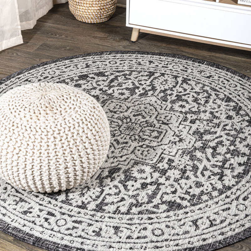 Moten Medallion Textured Weave Gray/Black Indoor/Outdoor Rug, Octagon 7'9"