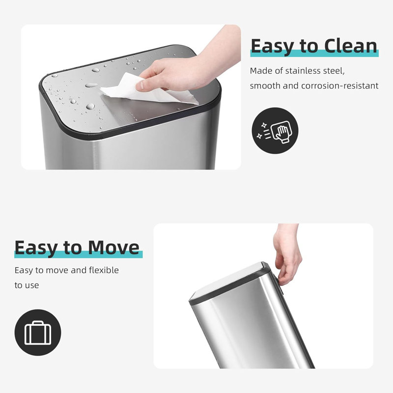 Stainless Steel Garbage Can with Lid, Step-On Pedal and Inner Bucket, Rectangular Trash Can for Kitchen, 3.2 Gallons