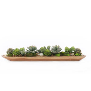 Cute Faux Succulents & Geodes Plant in Teak Ship Bowl