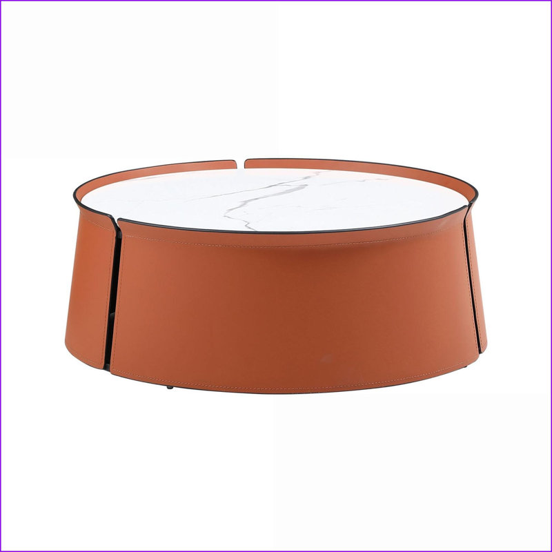 Table basse 31,5 po avec plateau en marbre blanc et cuir orange Structure en fer, sans assemblage pour le salon / bureau
