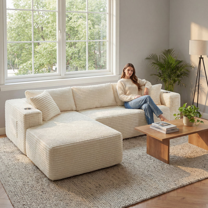 108" Modern L-Shaped Compression Sectional Sofa With Chaise Deep Seat Corduroy Upholstered Boneless Couch, Beige Corduroy