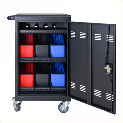 Chariot de charge mobile pour 30 tablettes / ordinateurs portables | Structure en acier | Portes verrouillables | Gestion des câbles | Métal | Noir mat