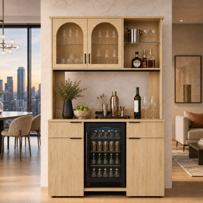 86.6'' Light Natural Wood Home Bar Cabinet With Storage Hutch