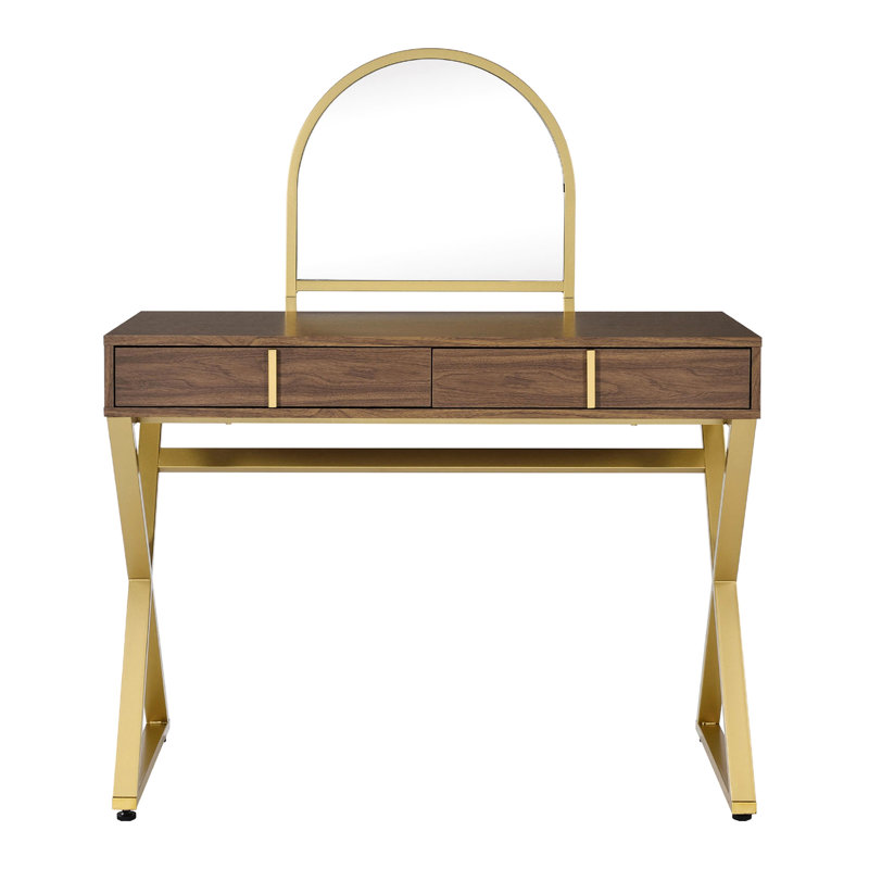 2 Drawers Walnut And Gold Vanity Desk With Mirror Jewelry Tray, Frame, 42 In Depth, 19 Width, 50 Height, For Fashion - Forward Users Drawers, Mirror, Deep, Wide, Tall, Cosmetic Arrangement