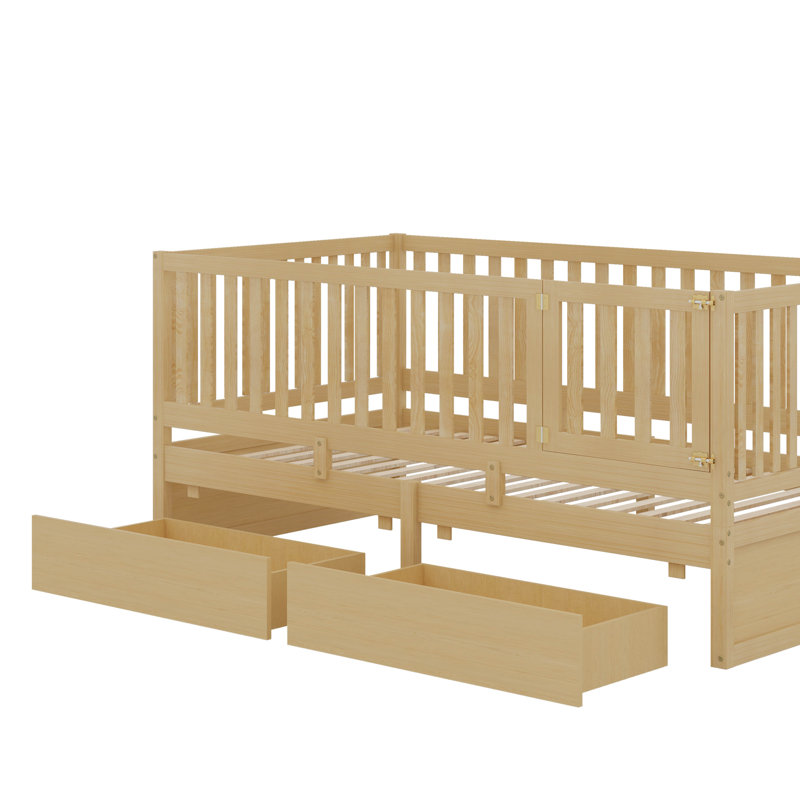Lit de jour simple en bois avec garde-corps et tiroirs de clôture, divisé en lit de sol indépendant et lit de jour, Naturel