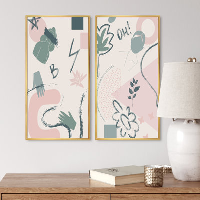 " Pink And Green Minimalistic Retro I " 2 - Pieces Painting Print