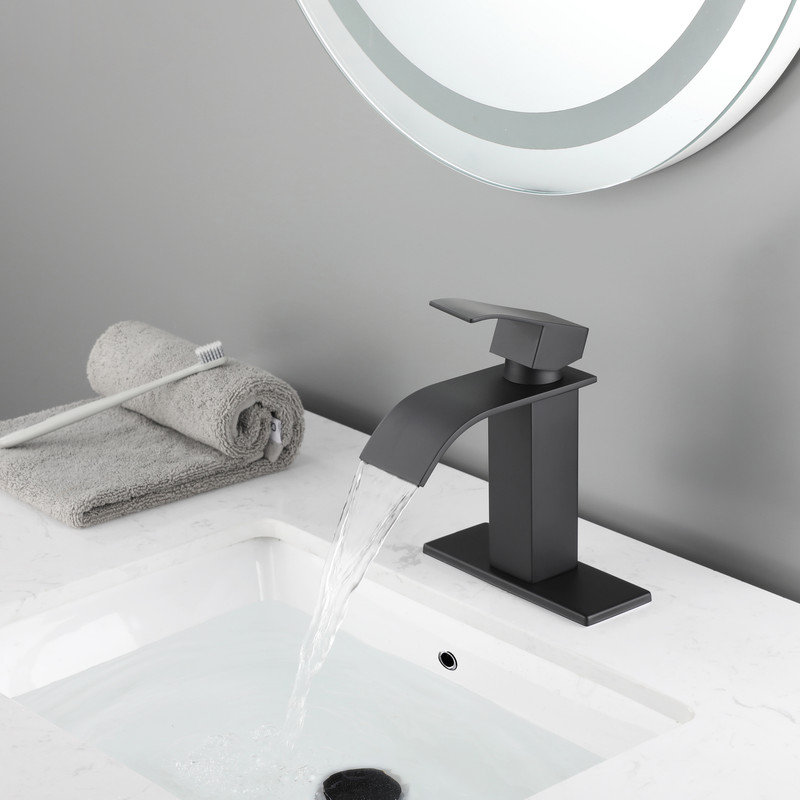 Modern Waterfall Spout Single Handle Bathroom Sink Faucet with Pop-Up Drain Assembly