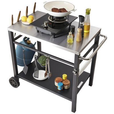 Chariots portatifs modulaires pour four à pizza, table de préparation de nourriture mobile à deux tablettes pour barbecue, table de divertissement en acier inoxydable pour les événements de cuisine intérieurs et extérieurs