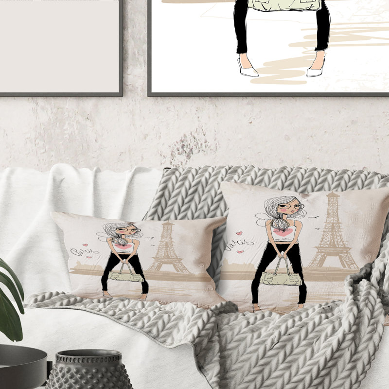 Rectangle, jolie fille par la Tour Eiffel à Paris - Coussin décoratif pour enfants