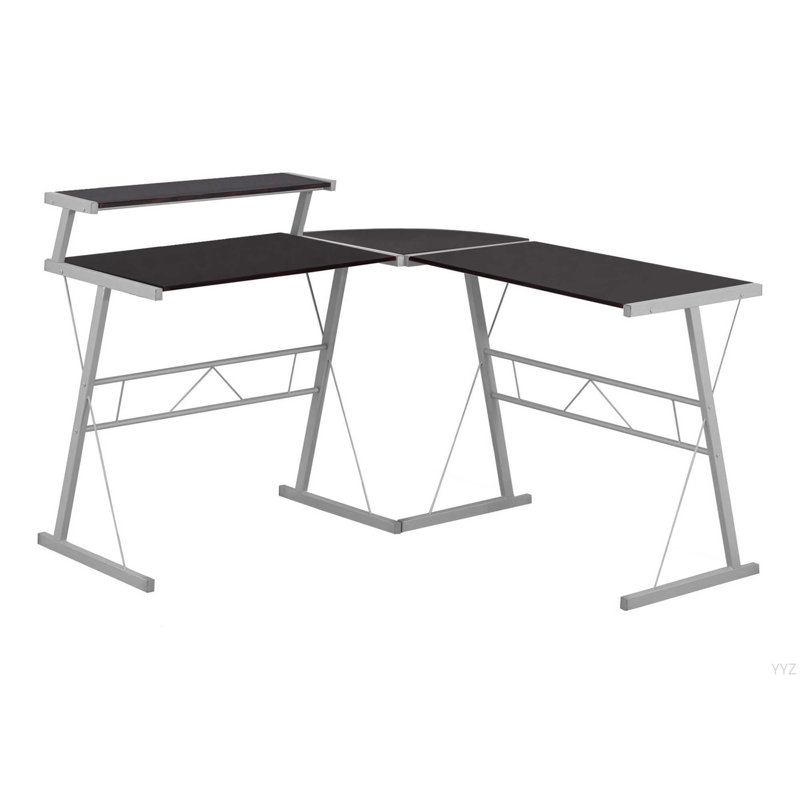 Bureau d'ordinateur, bureau personnel, coin, forme de L, travail, ordinateur portable, stratifié brun, métal gris, contemporain, moderne