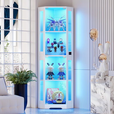 Vitrine d'angle en verre 65 "avec lumières à DEL, vitrine à 4 niveaux avec portes en verre et capteur de corps humain, vitrine pour objets de collection, figurine, alcool, blanc