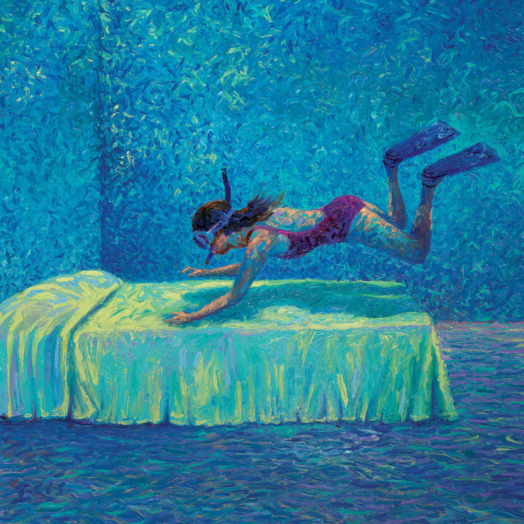"iris scott" -the plongeur par iris scott, reproduction d’art sur toile tendue, H 18 po x l 18 po x P 1,5 po, Pas de tapis
