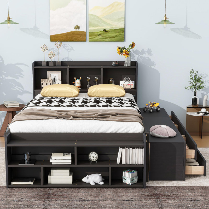 Lit double avec tête de lit bibliothèque, tiroirs de rangement sous le lit et étui de rangement pour bout de lit, espresso