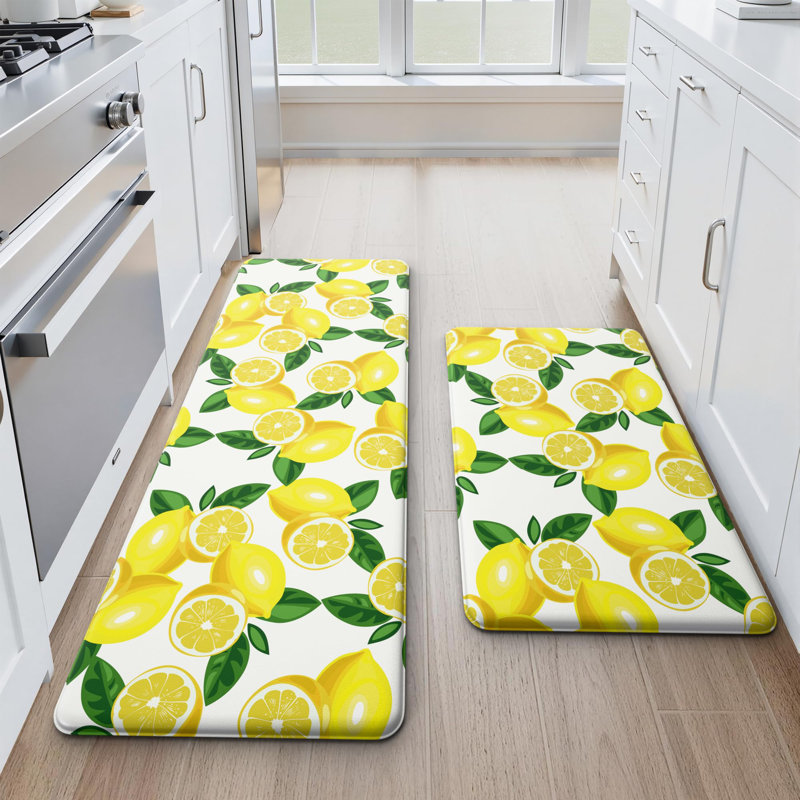 Ensemble de 2 tapis de cuisine citron - Tapis anti-fatigue pour plancher de cuisine - Tapis rembourrés antidérapants pour le sol - Décor citron (17,3 po x 29 po + 17,3 po x 47 po à 0,4 po) Blanc