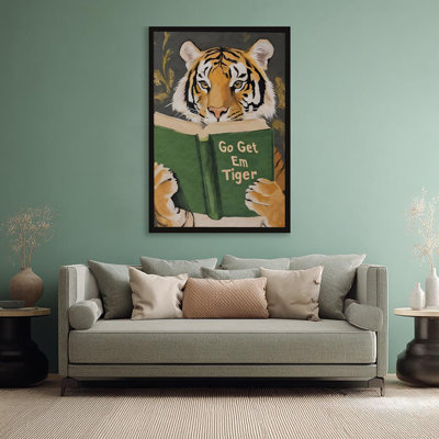 Whimsical Tiger Reading a Go Get Em Tiger Book, Playful Art Style, 24" x 36" Black Framed Canvas Wall Art